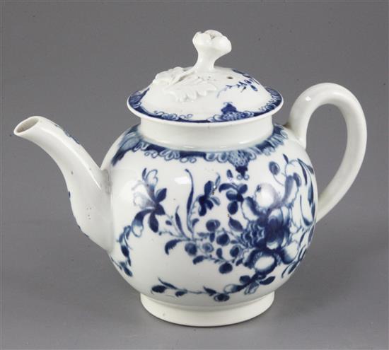 A Worcester Mansfield pattern globular teapot and cover, c.1765, height 13.5cm, tiny losses to bud finial